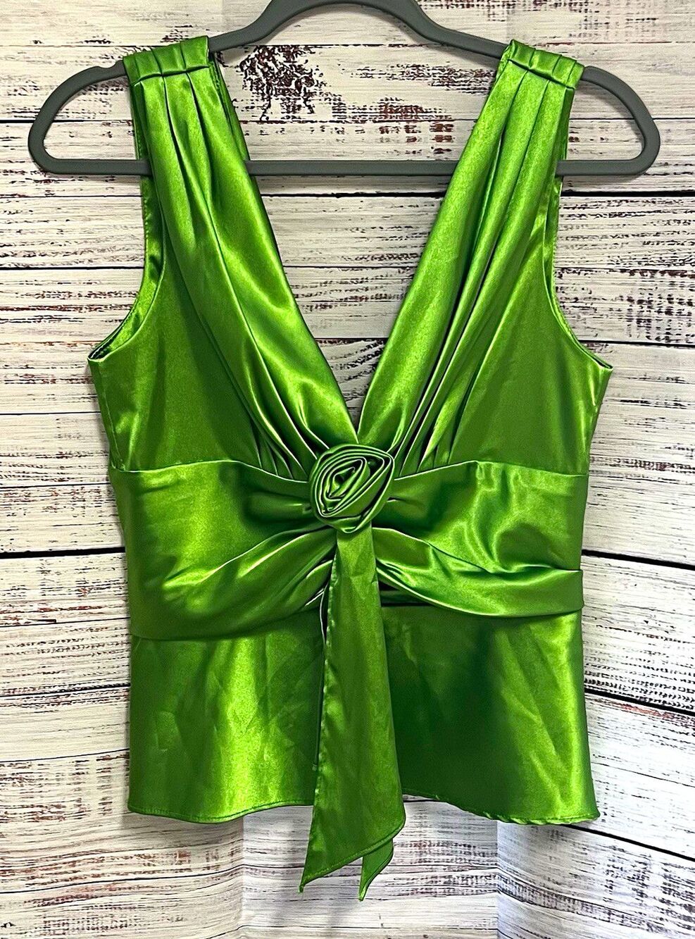 Jessica Howard Evenings Satin Rosette Peplum Top Green V Neck Cocktail 8